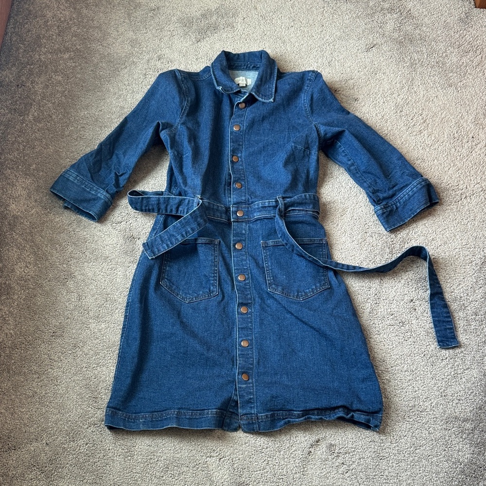 LOFT Blue Denim Shirt Dress Button Front Belted Pockets SIZE 10